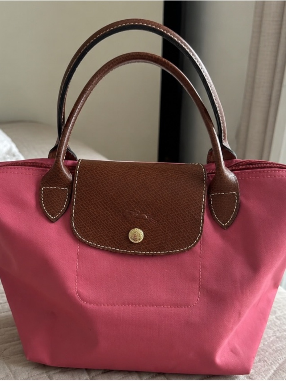 Longchamp Pink Nylon Tote with Brown Leather Trim